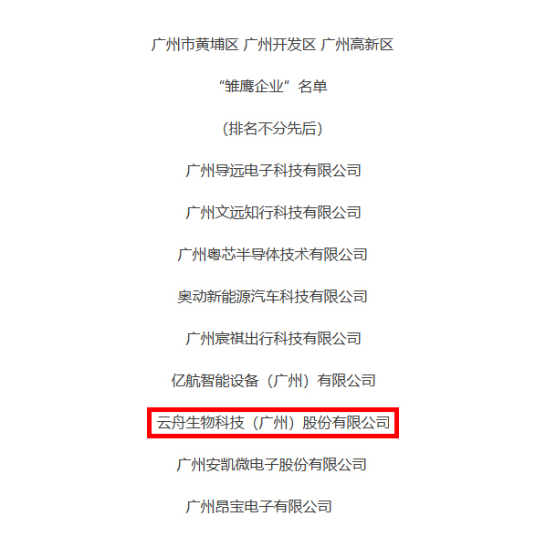 喜訊丨雲舟生物獲評廣州市黃埔區“雛鷹企業”